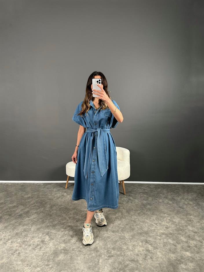Vogi Mavi Premium Kalite Oversize Uzun Kemerli Kot Elbise