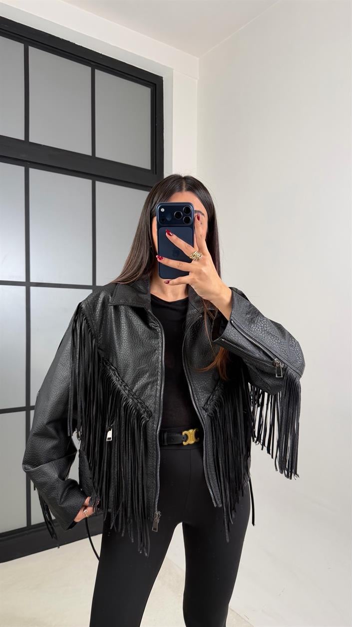 Siyah Yılan Derisi Desenli Astarlı Püsküllü Deri Ceket GAUS-00668