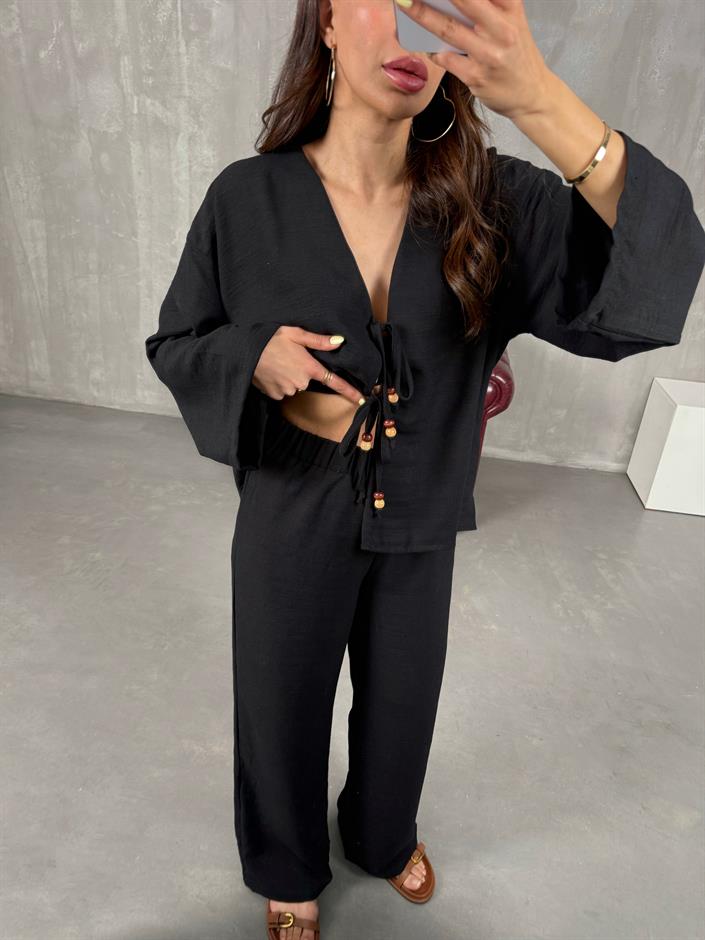 Siyah Önden Bağlamalı Keten Kimono Takım Gaus00101