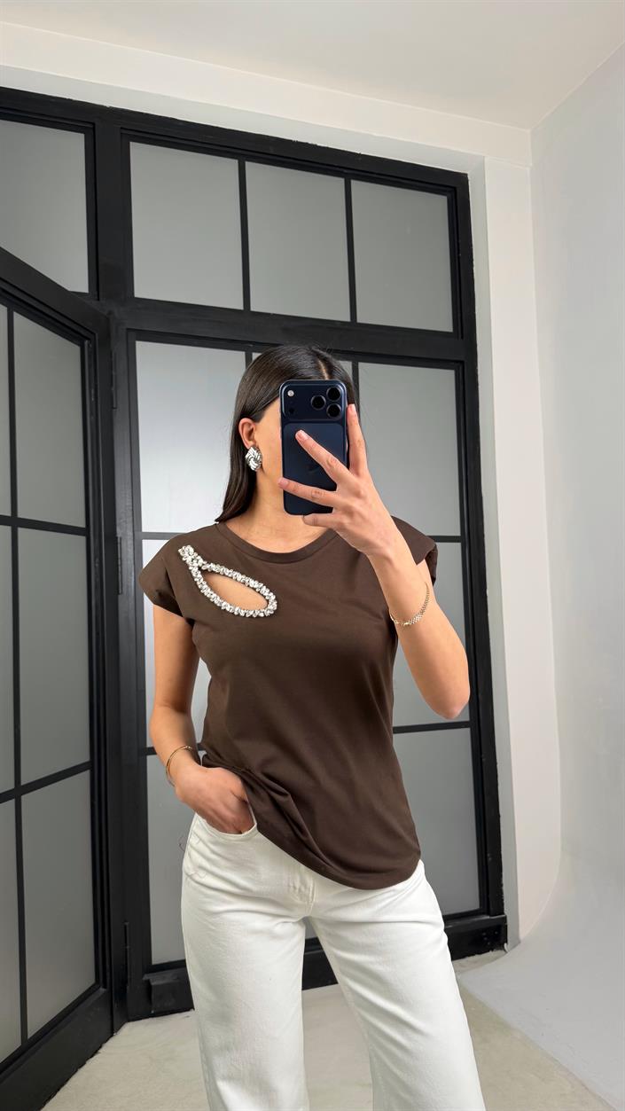 Kahve Vatkalı Taş Detaylı Muadil Bluz GAUS-01282