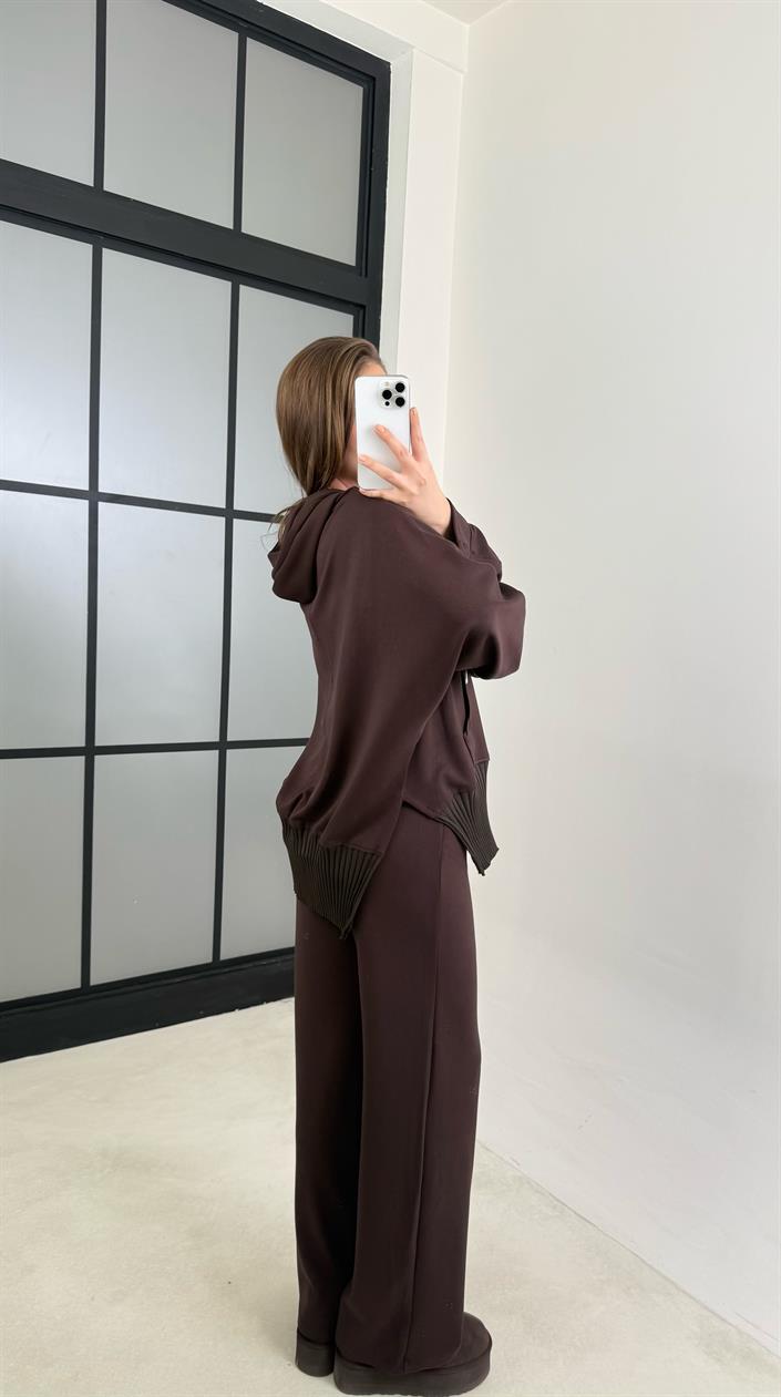 Acı Kahve Ribanalı Kapüşonlu Hırka Beli Lastikli Pantolon Modal Takım GAUS-00697
