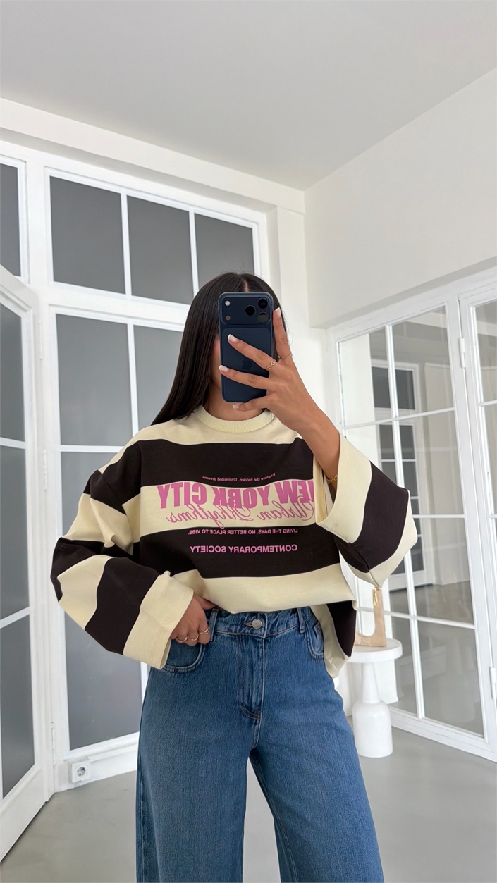 Kahve Şeritlı Baskılı Sweatshirt GAUS-02121 GAUS-02198