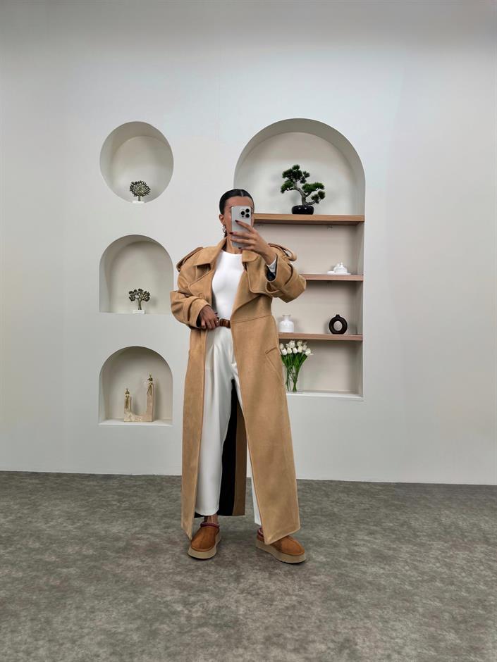 Aura Taş Kuşaklı Premium Süet Kaban