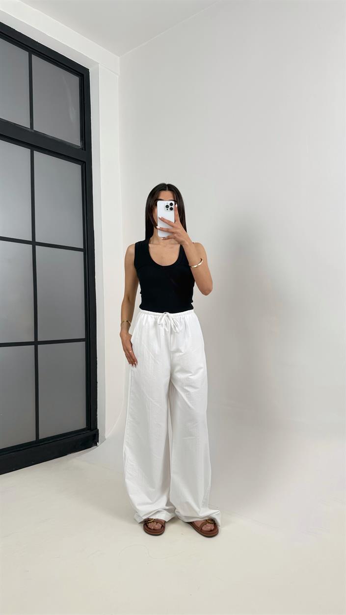 Beyaz Beli Lastikli Yarım Astarlı  Salaş Pantolon Gaus00363