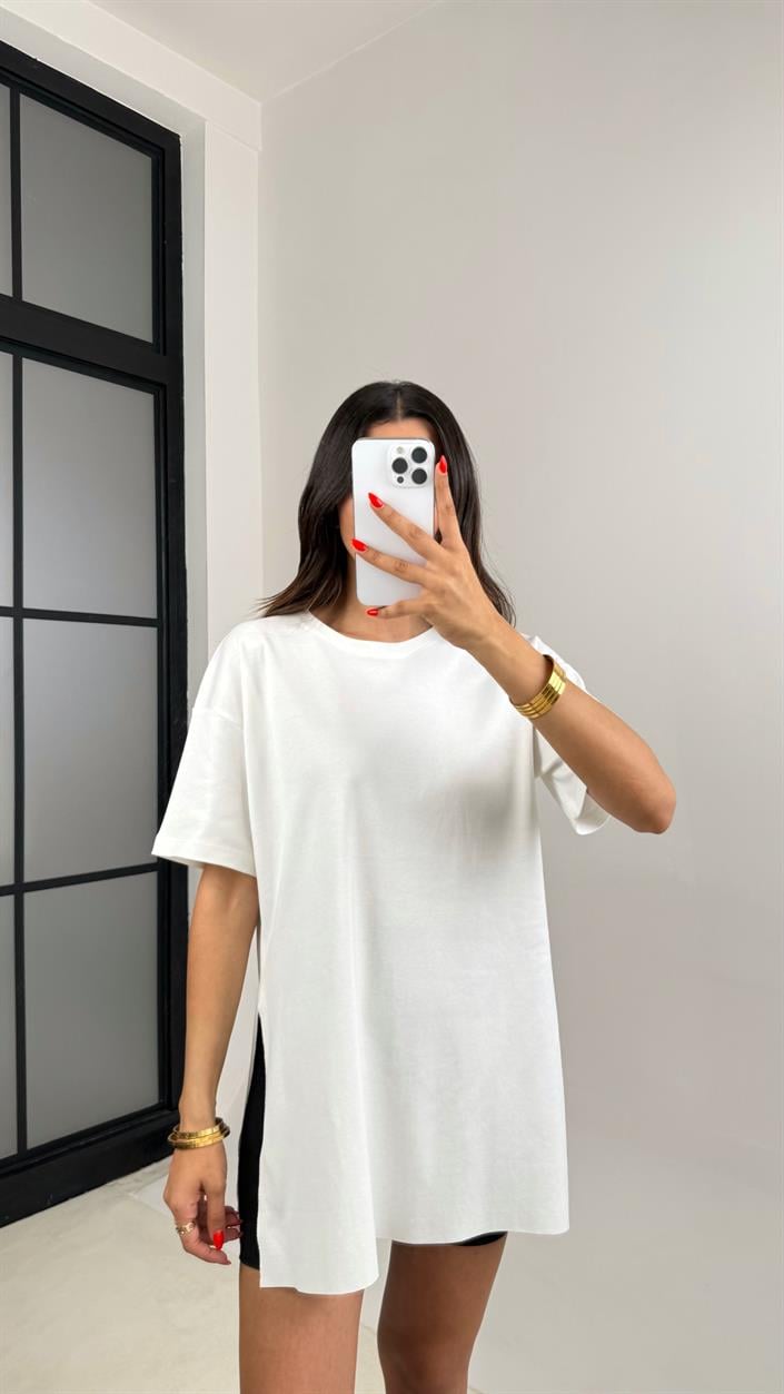 Beyaz Yan Yırtmaç Detaylı Basic Tshirt Gaus-0037