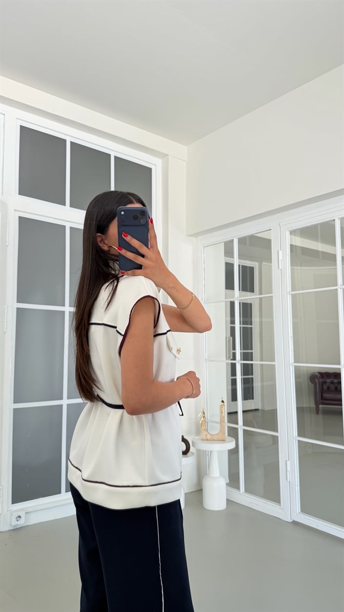 Ekru Kuşaklı Yelek Beli Lastikli Eşofman İkili Modal Takım GAUS-01827