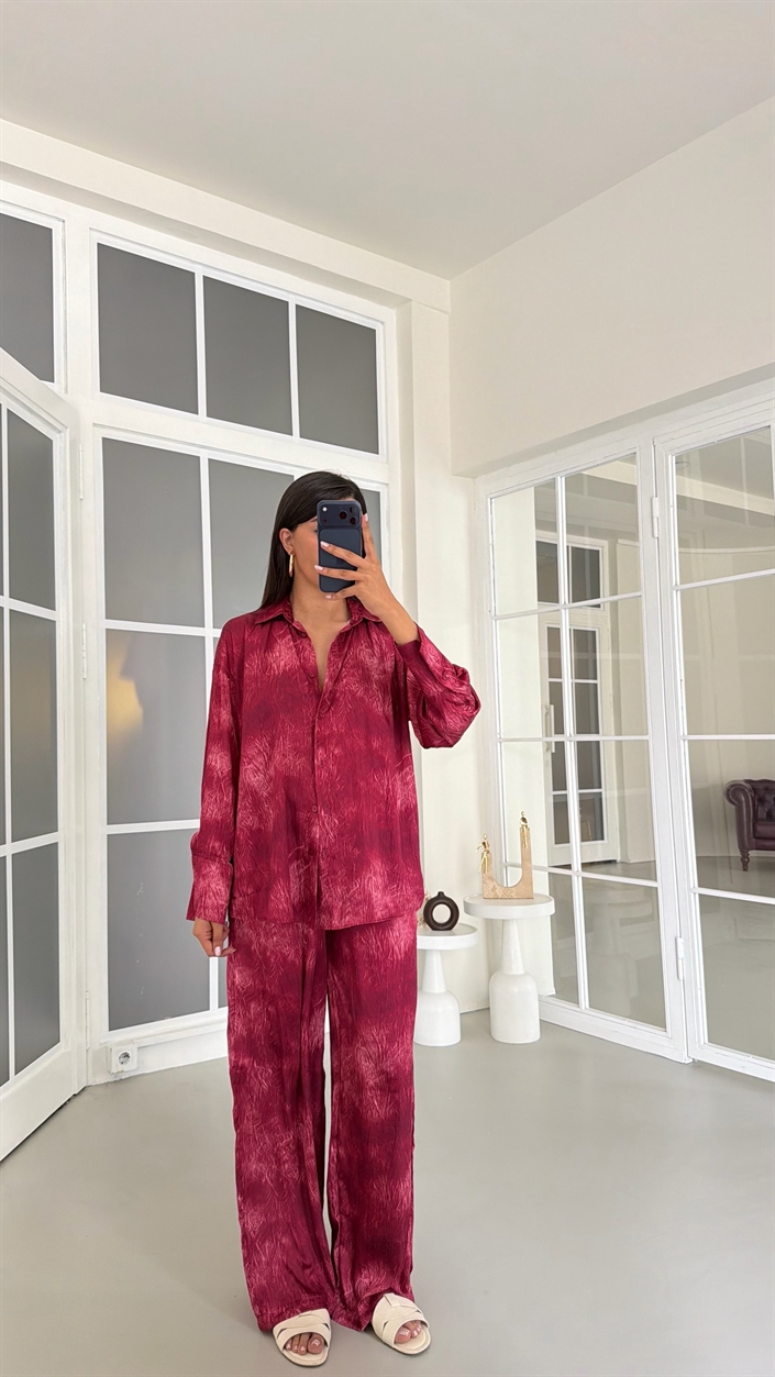 Bordo Gömlek Beli Lastikli Pantolon İkili Desenli Saten Takım GAUS-01754