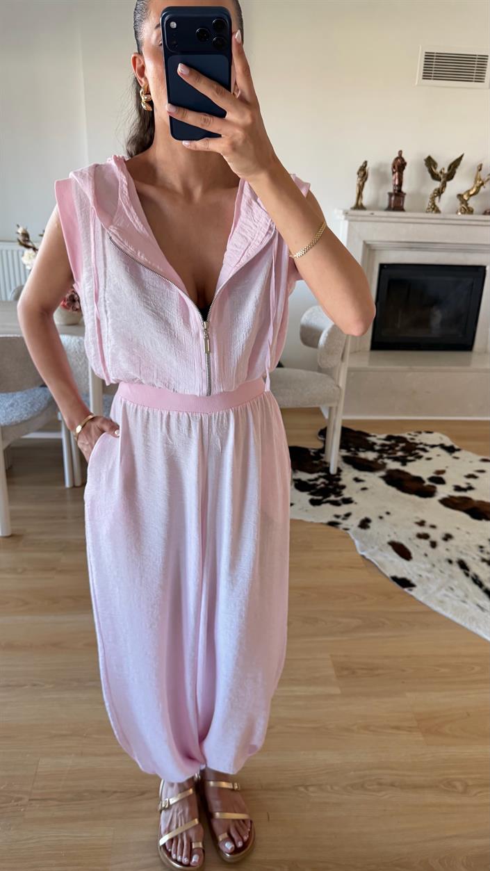Pembe Kapüşonlu Yelek Beli Lastikli Şalvar Pantolon İkili Takım GAUS-01653