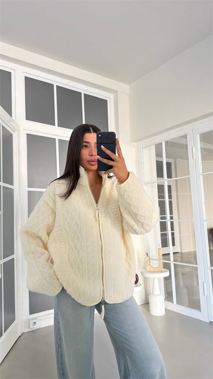 Krem Fermuarlı Polar Sweatshirt GAUS-02061