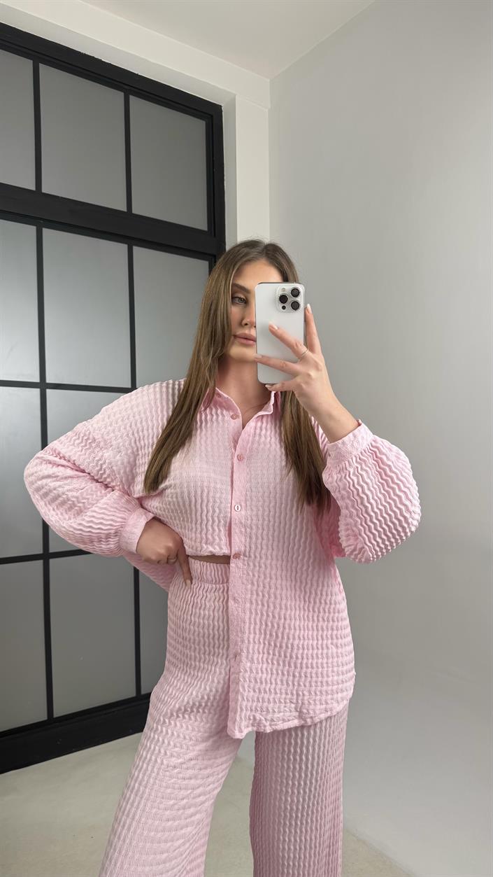 Pembe Gömlek Beli Lastikli Pantolon İkili Bürümcük Takım GAUS-01089