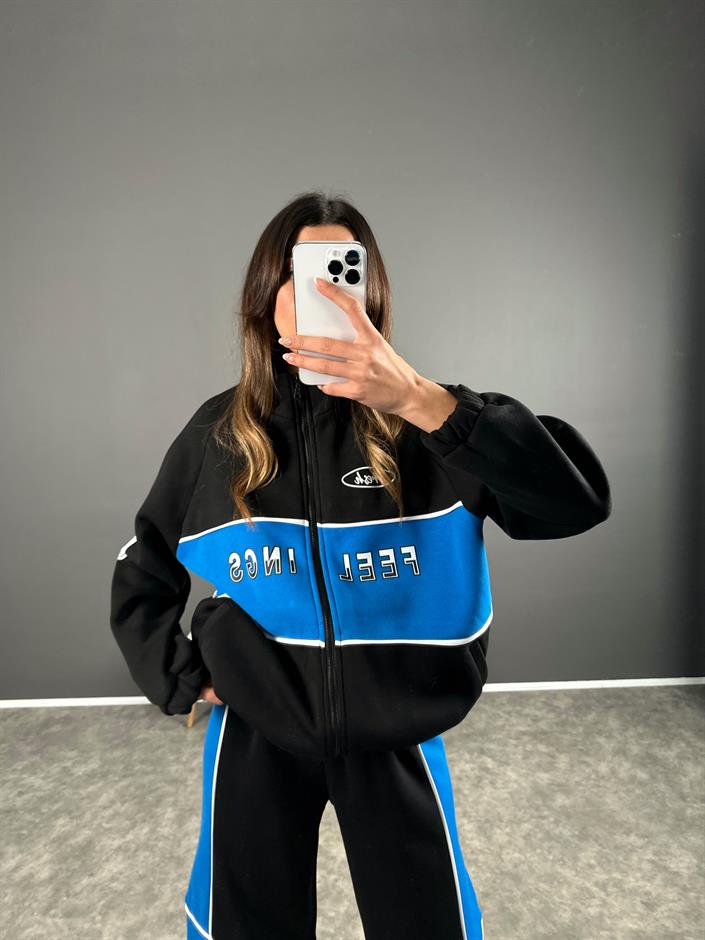 Carter Mavi Blok Renkli Fermuarlı Sweatshirt İkili Takım 