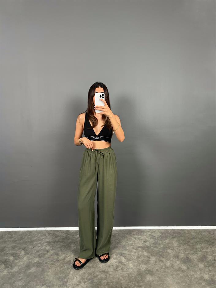 MD Haki Beli Lastikli Cepli  İthal Kumaş Rahat Dokuma Muadil Pantolon