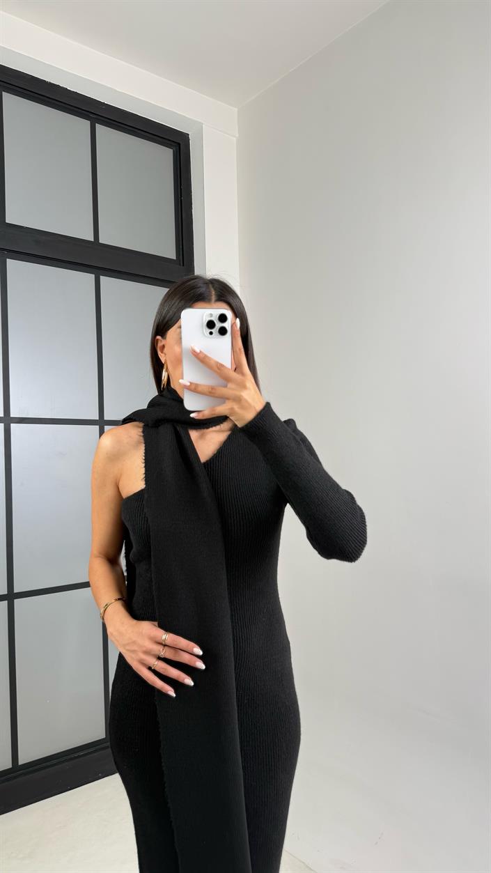 Siyah Tek Omuz Atkılı Triko Elbise GAUS-00223