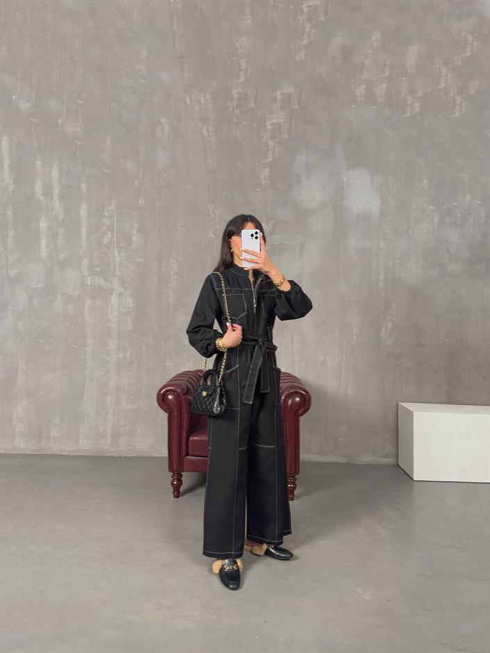 Belami Siyah Kuşaklı Gabardin Tulum