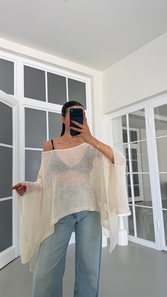 Krem Asimetrik Sim Detaylı Triko Panço GAUS-01836