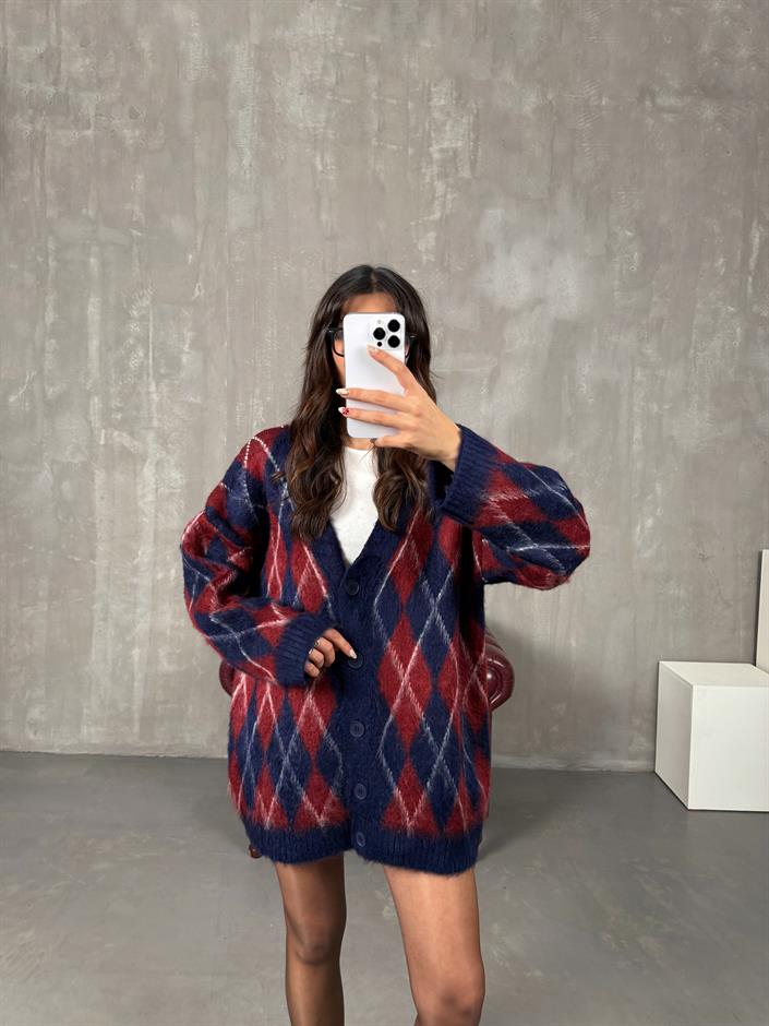 Metu Bordo Lacivert Baklava Desenli Sakallı Hırka