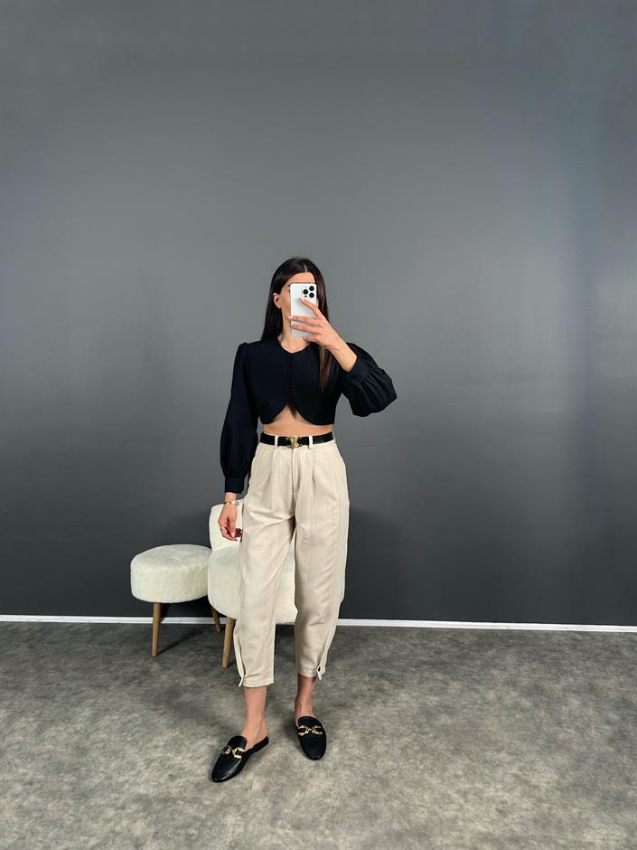 Keten Paçası Düğmeli Pantolon 