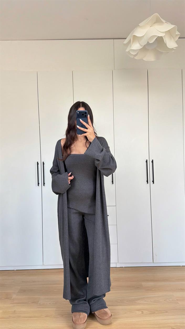 Antrasit Asimetrik Crop Hırka Beli Lastikli Pantolon 3lü Triko Takım GAUS-00588