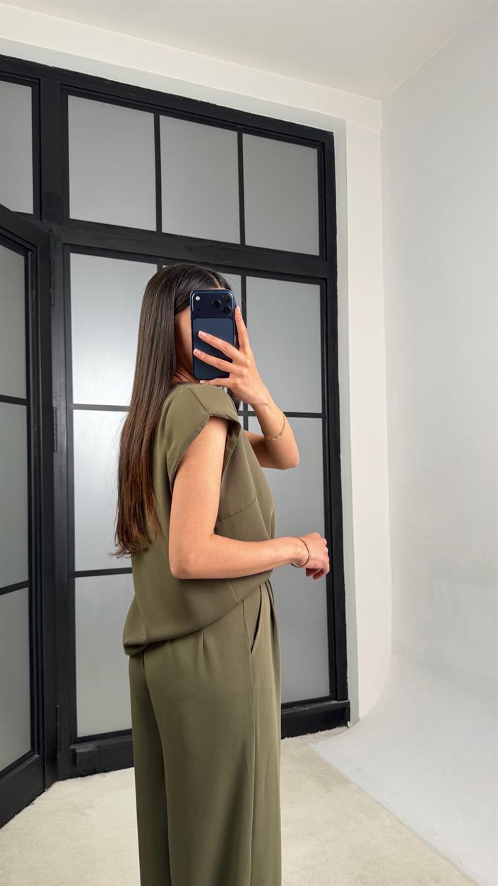 Yeşil Vatkalı Bluz Beli Lastikli Pantolon Krep Kumaş Takım GAUS-01485