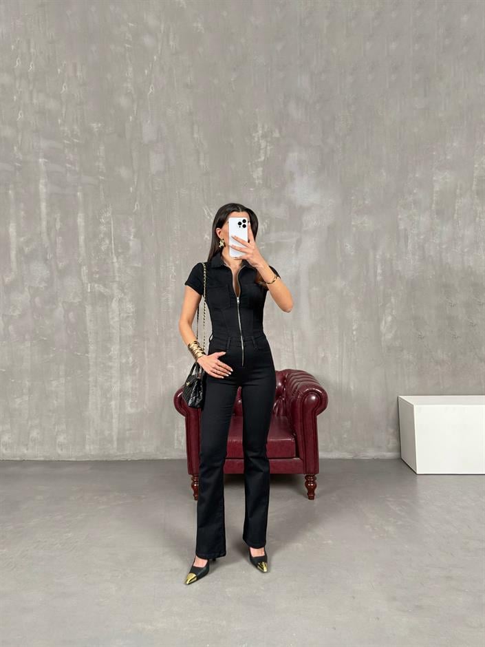 Milen Siyah Fermuarlı Gabardin Tulum