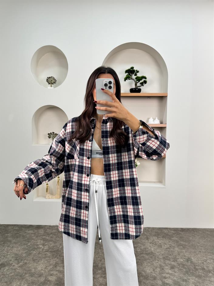 Raga Lacivert Kareli Kaşe Oduncu Oversize Gömlek