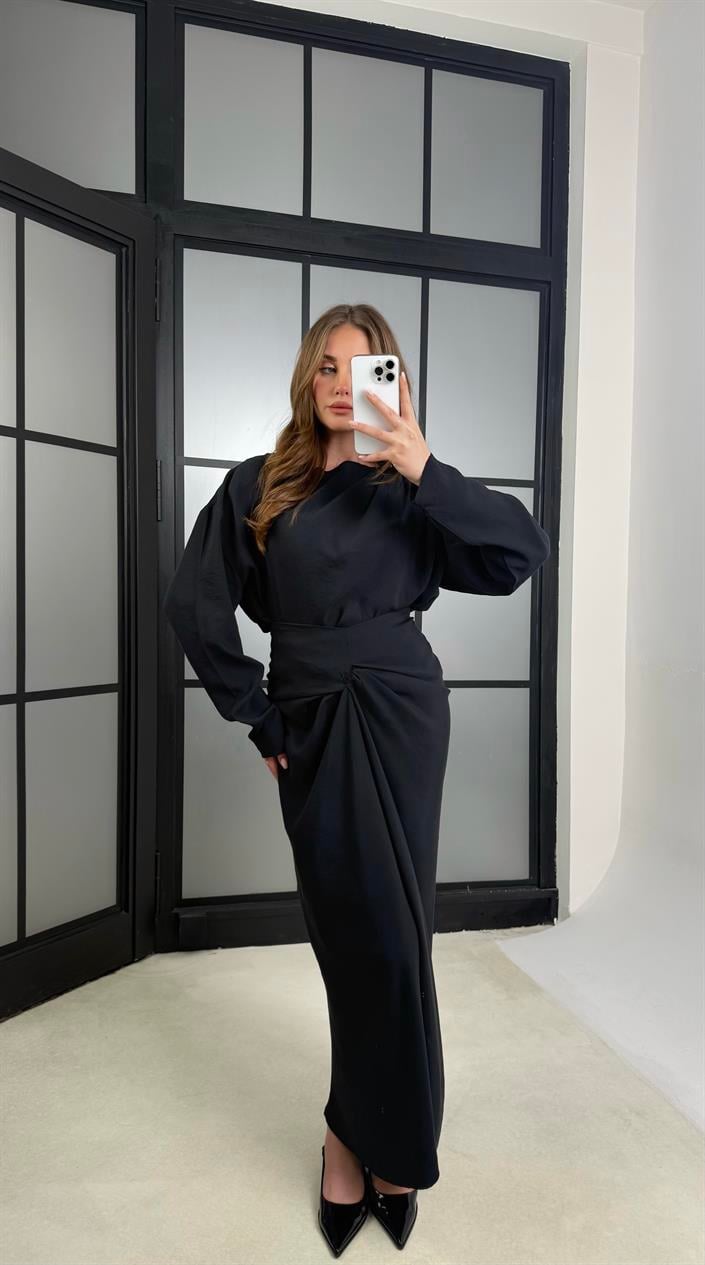 Siyah Drape Detaylı Etek Bluz Tencel Takım GAUS-01176