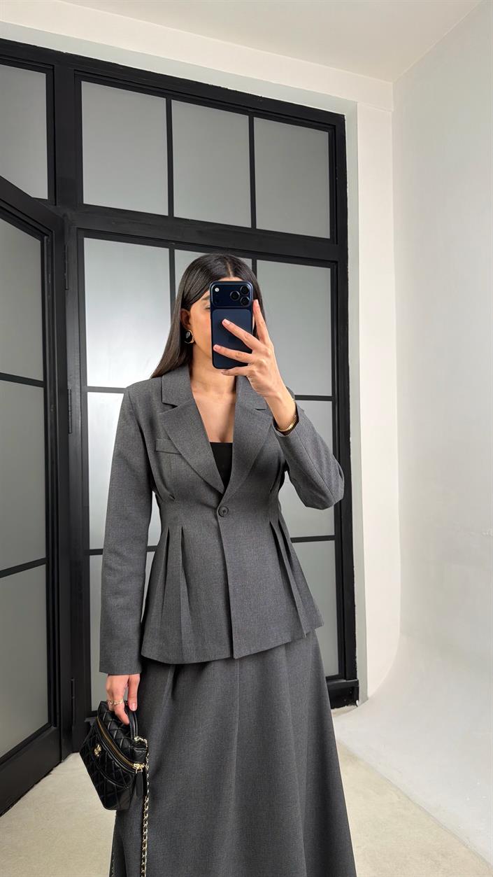 Antrasit Belden Oturtmalı Astarlı Vatkalı Ceket Cepli Etek Premium Takım GAUS-01290