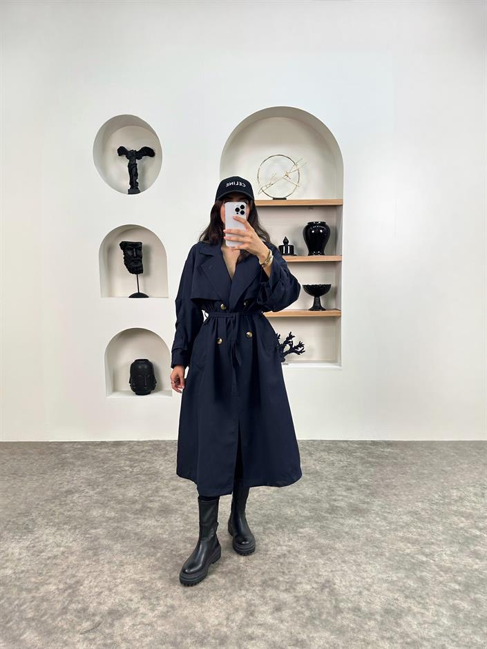 Wendy Lacivert Kemerli Astarsız Muadil Trençkot