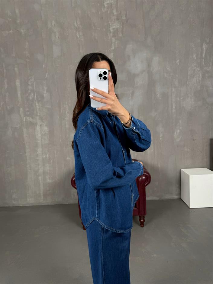 Orta Mavi Çıtçıt Düğmeli Gömlek Pantolon Denim Takım Gaus0002