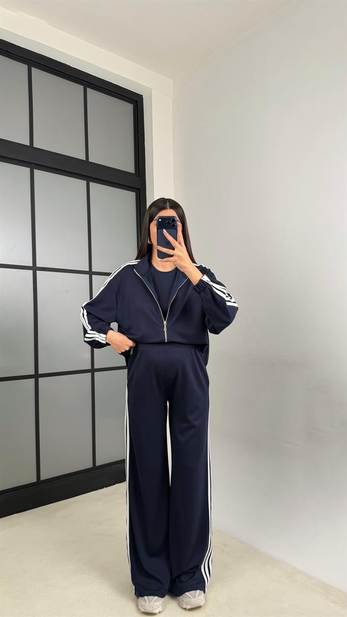 Lacivert 3lü Şerit Detaylı Modal Takım GAUS-01140