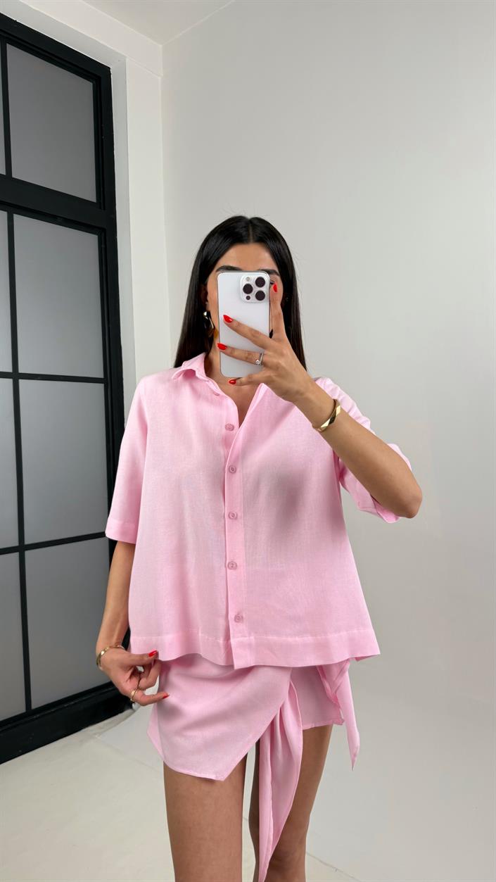 Pembe Önü Düğmeli Gömlek Beli Bağlama Detaylı Etek Keten Takım Gaus00459