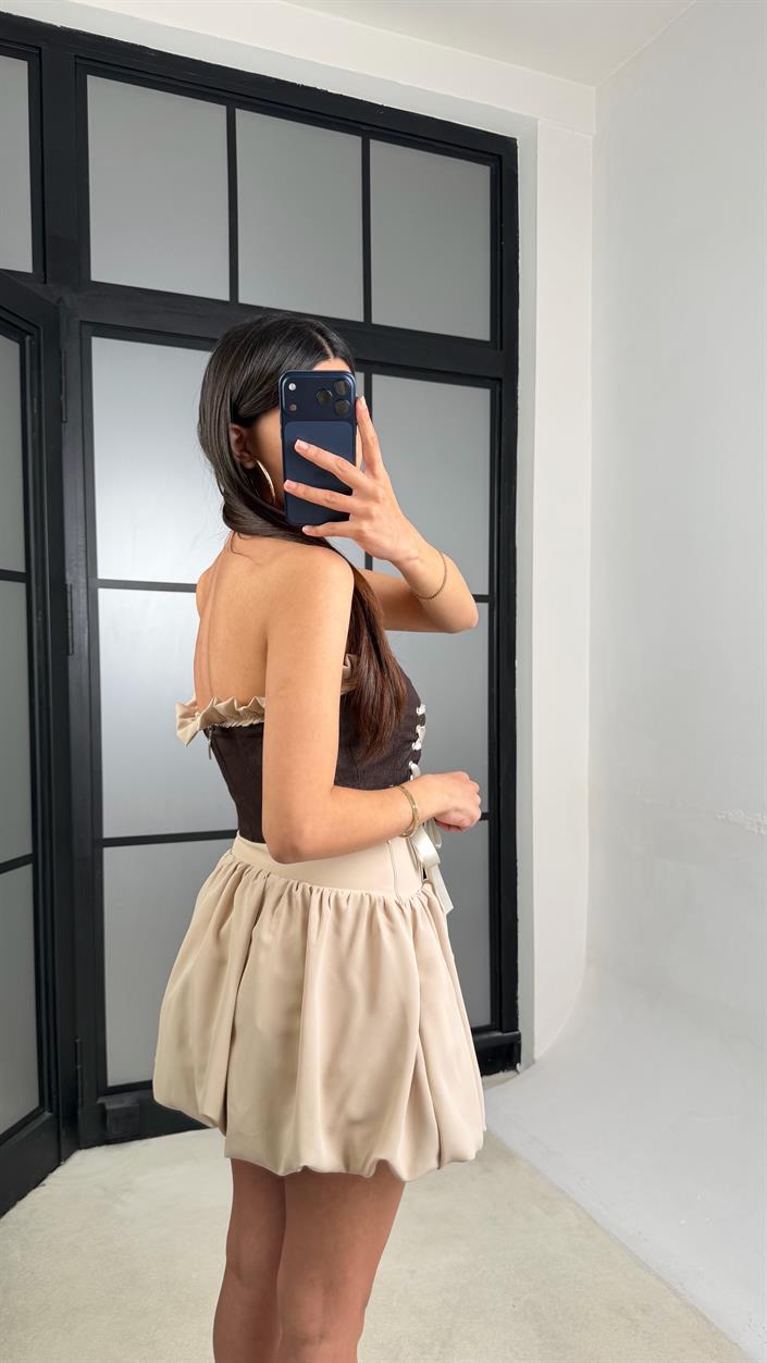 Kahve Denim Korse Şortlu Balon Etek Takım GAUS-01433