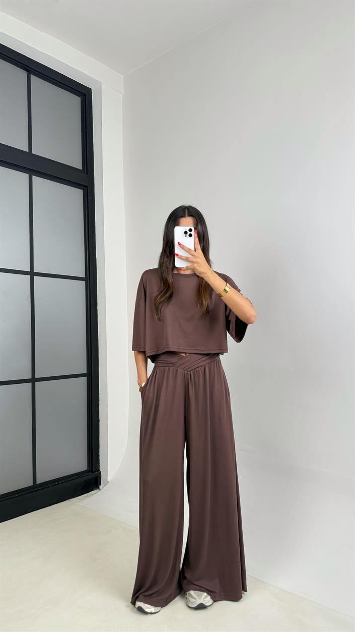 Kahve Bluz Beli Lastikli Pantolon OYS Muadil Modal Takım GAUS-0011