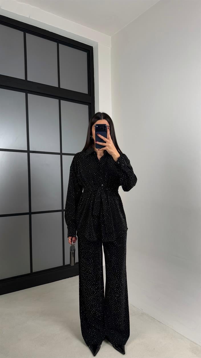 Siyah Taş Detaylı Kuşaklı Ceket Pantolon İkili Tasarım Takım GAUS-00764