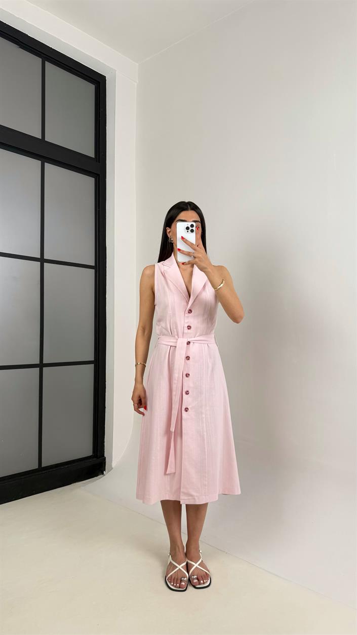 Pembe V Yaka Önü Düğmeli Kuşaklı Keten Elbise Gaus00461 