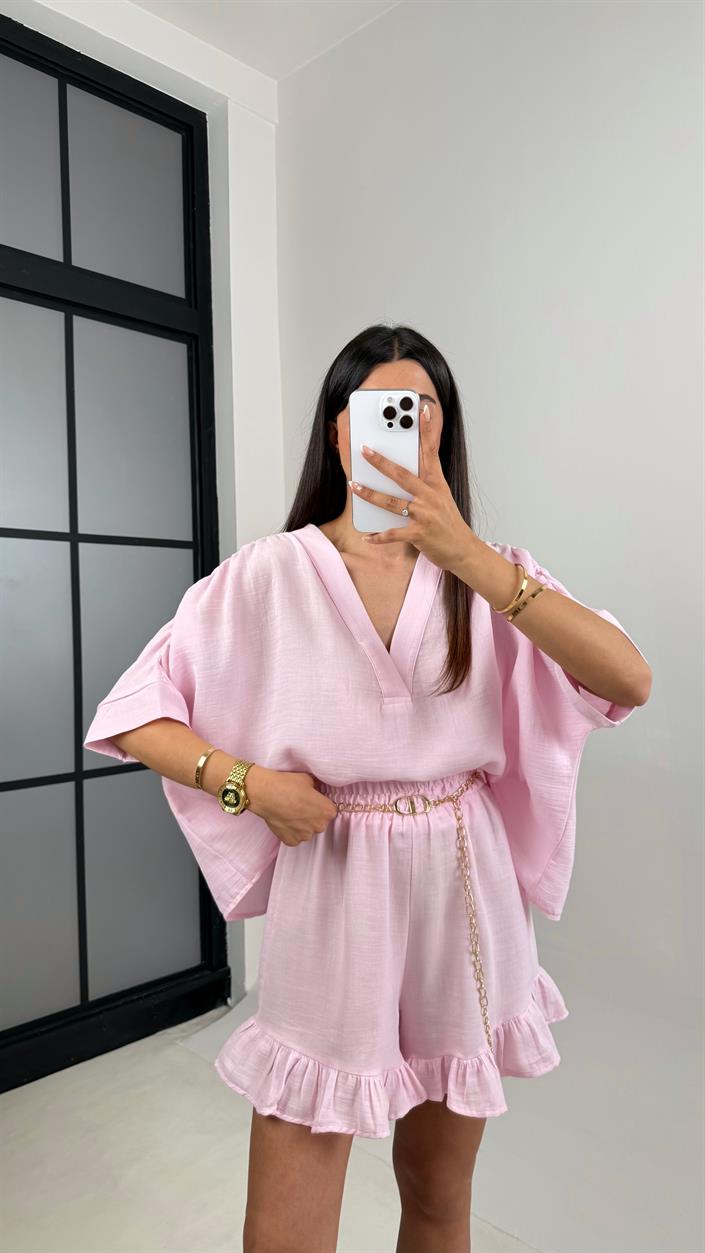 Pembe Kol Drapeli V Yaka Gömlek Beli Lastikli Fırfırlı Şort Müslin Takım Gaus00601