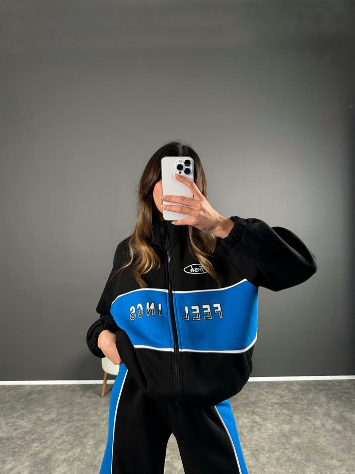 Carter Mavi Blok Renkli Fermuarlı Sweatshirt İkili Takım 
