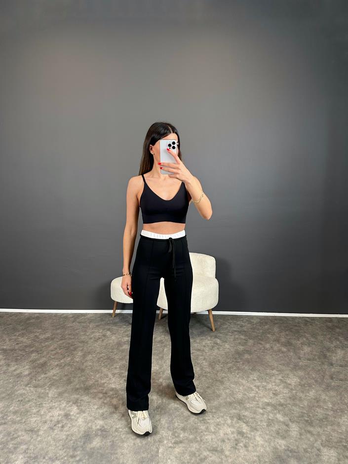 Maso Siyah Bel Detaylı Çımalı Likralı Pantolon 