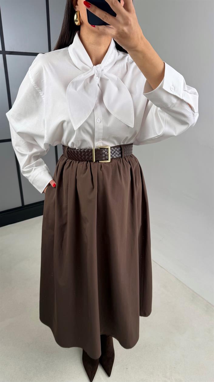 Acı Kahve Cepli Kemerli Etek GAUS-00996