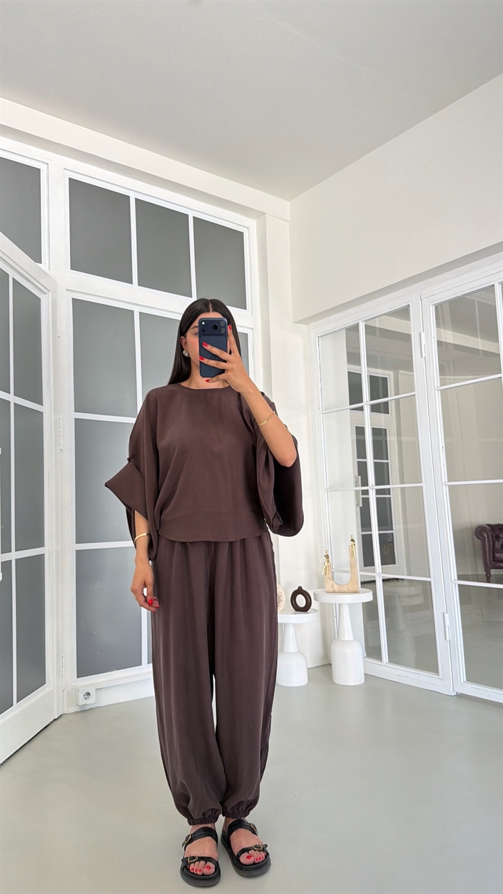 Kahve Yarasa Kol Bluz Beli Lastikli Şalvar Pantolon İkili Tencel Takım GAUS-01840