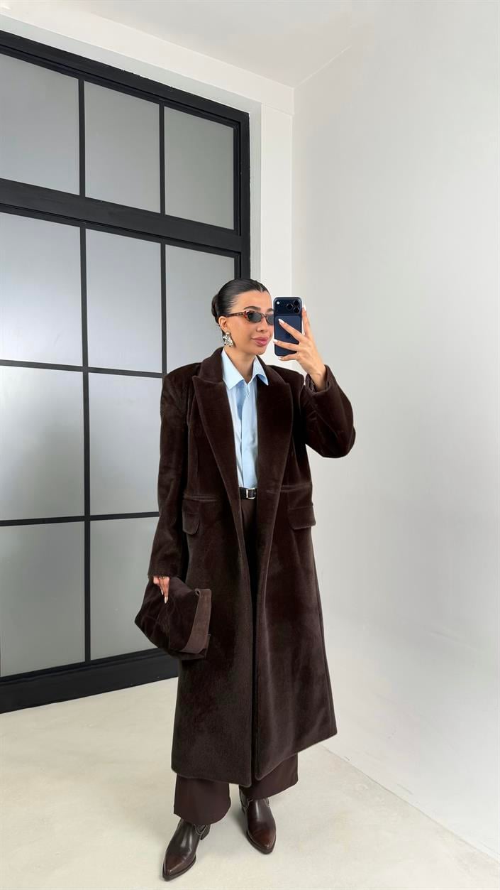 Acı Kahve Astarlı Vatkalı Premium Kürk Kaban GAUS-00582