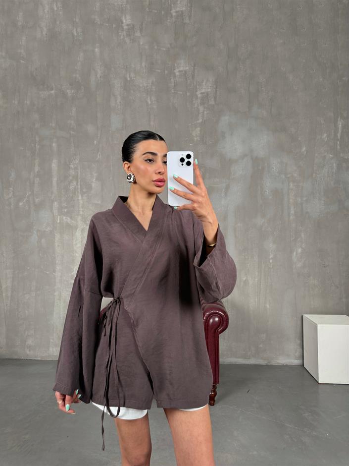 Acı Kahve Önden Bağlamalı Tensel Kimono Gaus00240