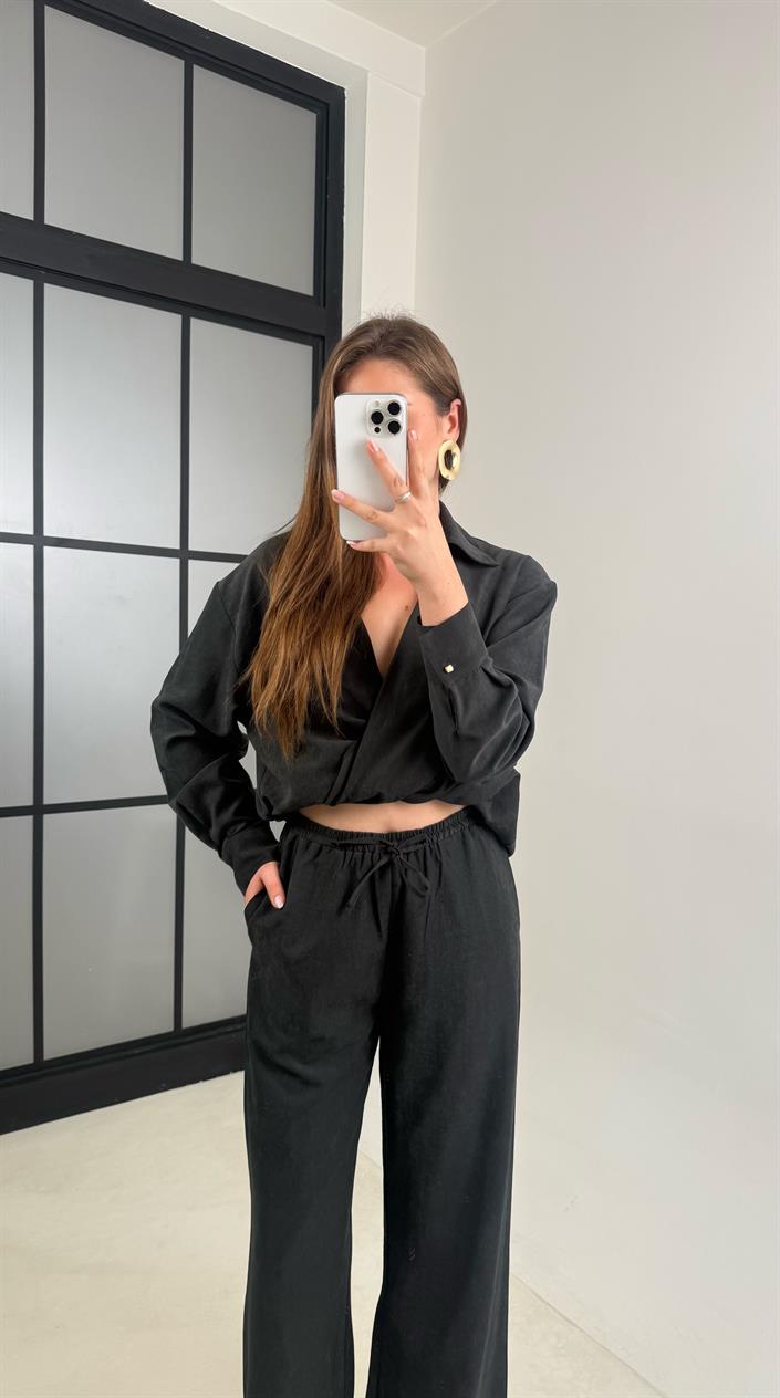 Antrasit Bağlamalı Kemer Detaylı Bluz Beli Lastikli Pantolon Eskitme Desenli Takım GAUS-00489