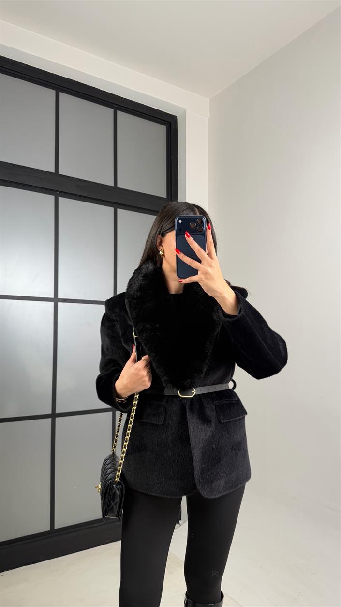 Siyah Astarlı Kemerli Premium Kürk Ceket GAUS-00936