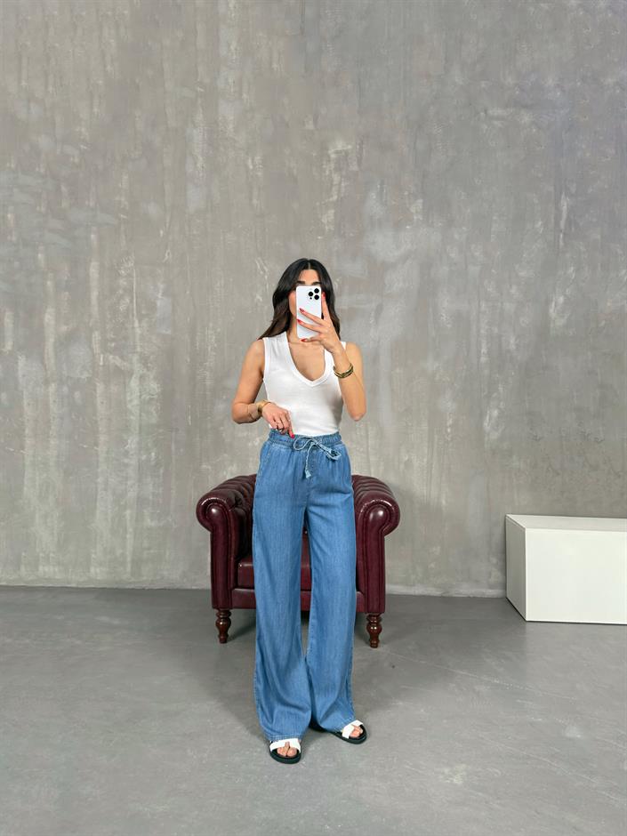 Mavi Beli Lastikli İnce Denim Pantolon Gaus00203