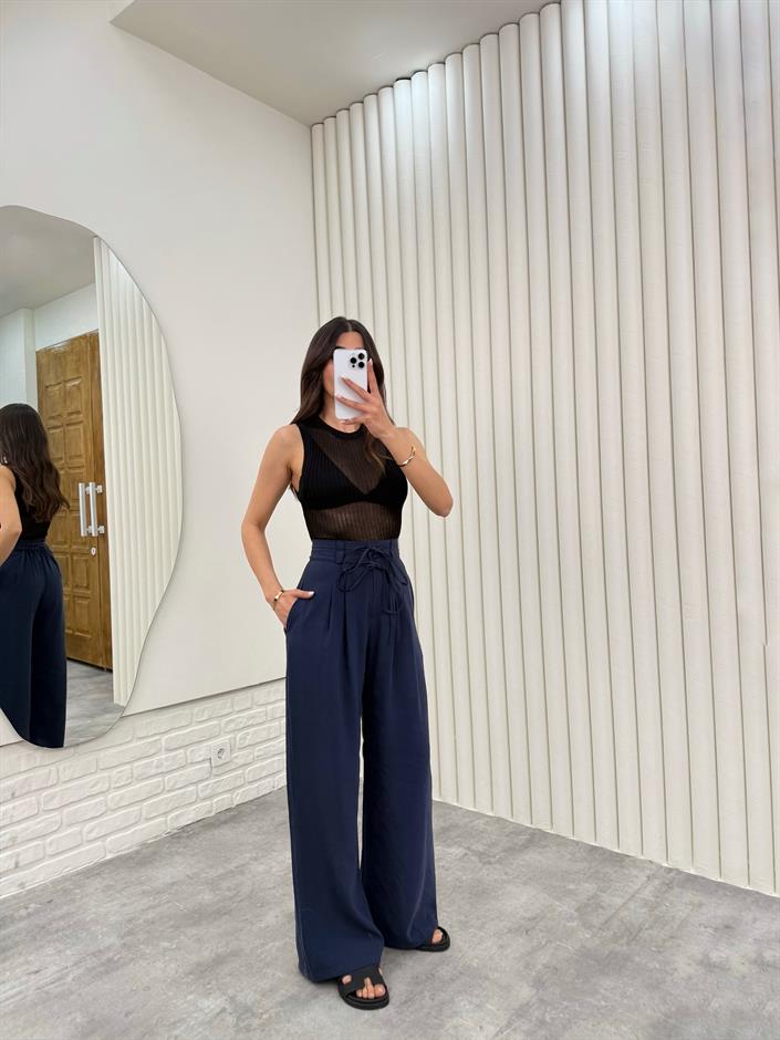 Lacivert Kuşaklı Tensel Kırışık Kumaş Palazzo Pantolon Gaus00302