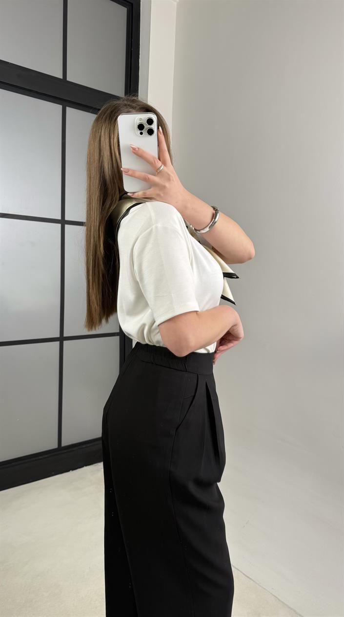 Siyah Beli Lastikli Pile Detaylı Tencel Pantolon GAUS-00995