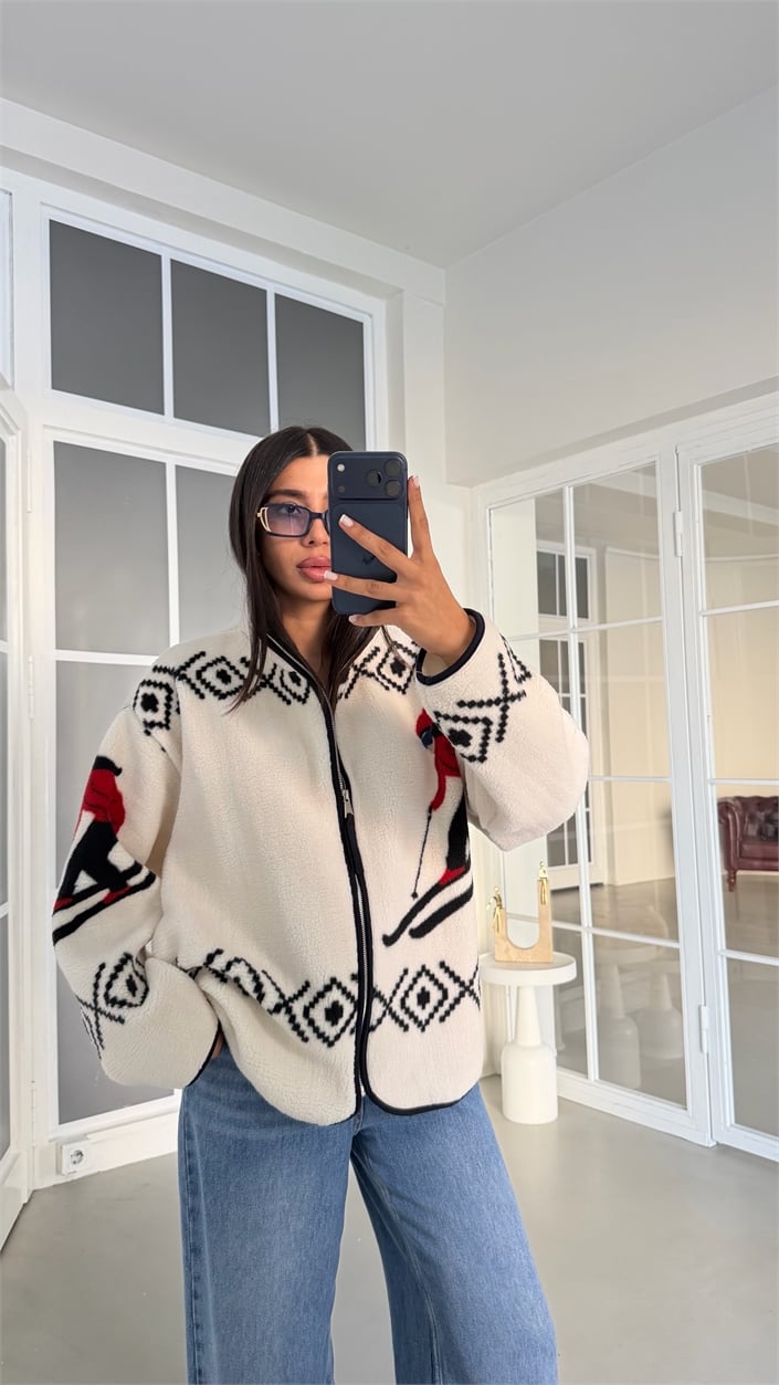 Ekru Kızak Desenli Fermuarlı Polar Sweatshirt GAUS-01916 GAUS-02016