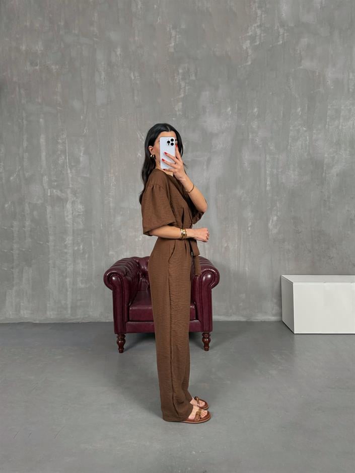 Kahve Kuşaklı V Yaka Keten Kısa Balon Kol Tulum Gaus00179