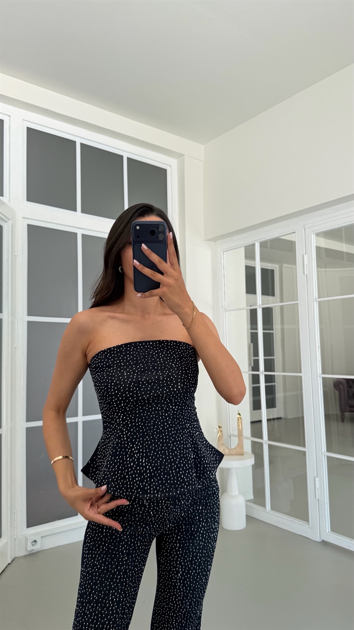 Lacivert Bluz Pantolon Taş Detaylı Premium Denim Takım GAUS-01793